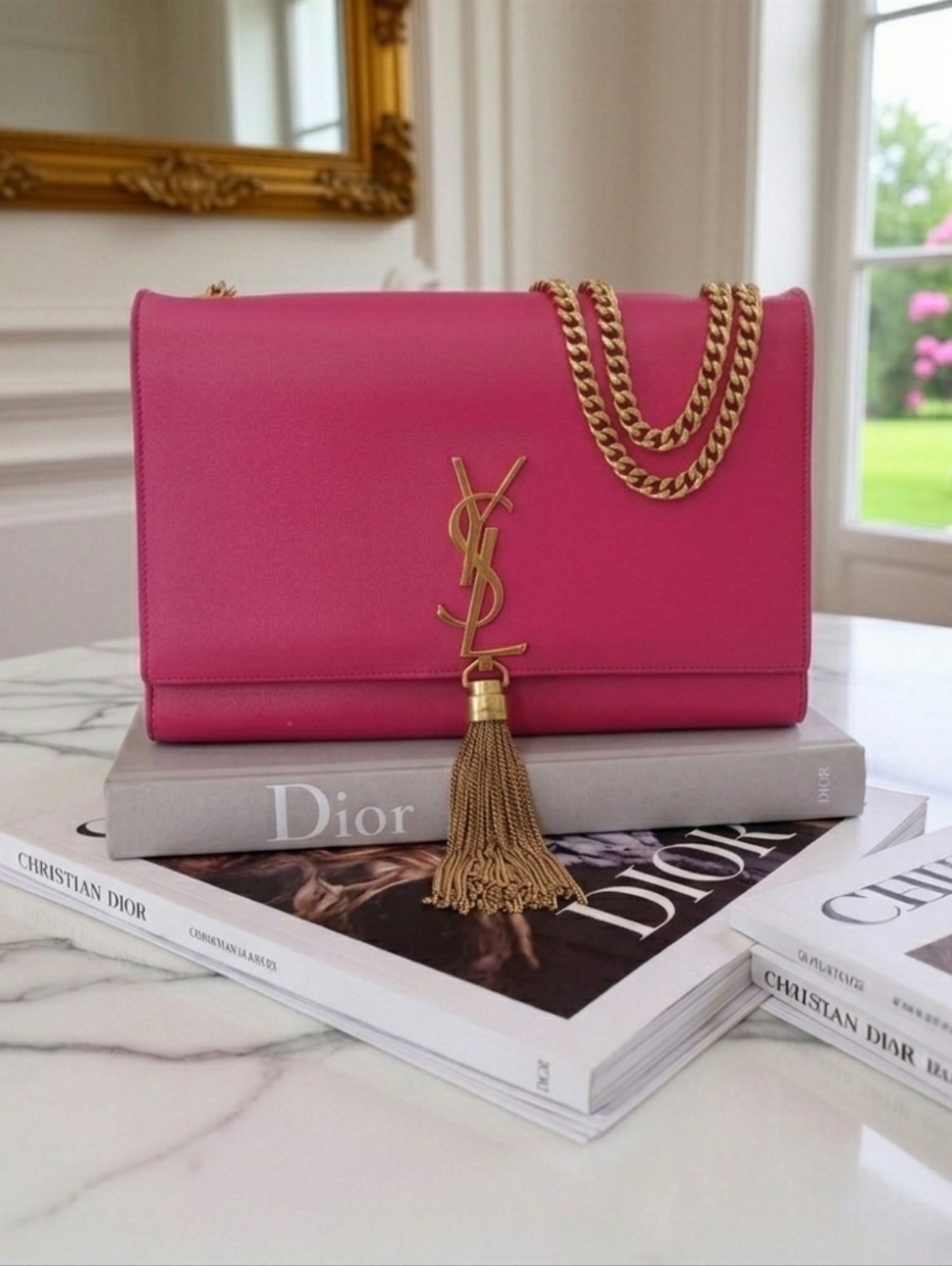 Saint Laurent Kate Tassel Medium Bag Fuchsia Pink Leather Gold Hardware Italy